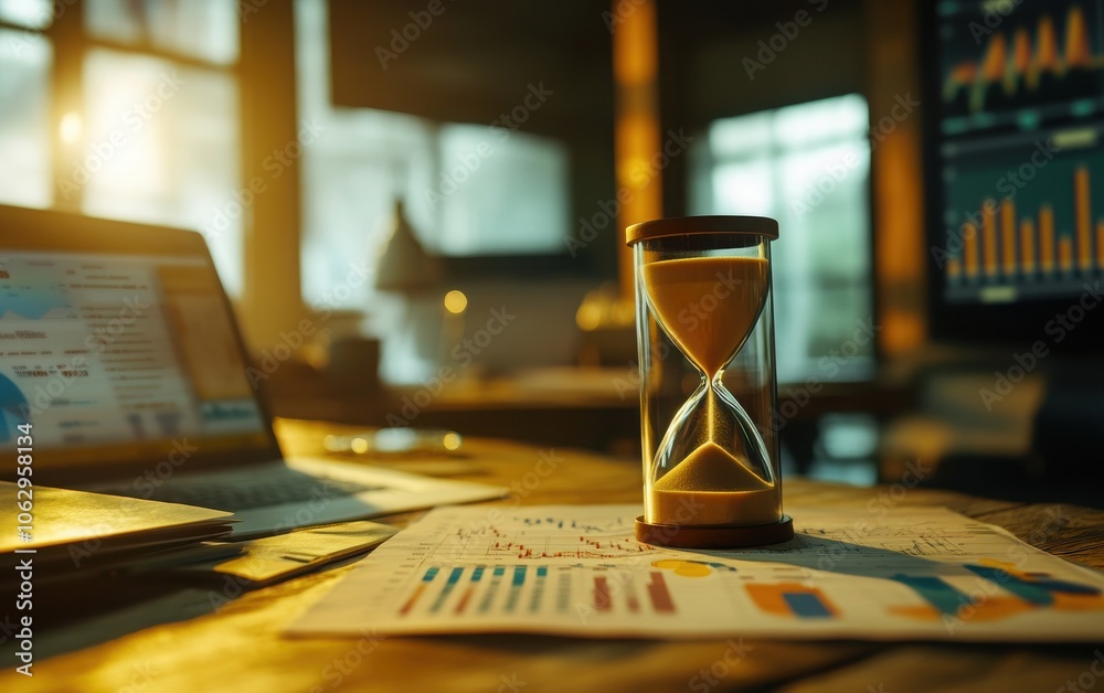 Capture a close-up of a sand clock on a table with an office background showing blurred charts and business data, symbolizing time management. Capture a close-up of a sand clock on a table with an office background showing blurred charts and business data, symbolizing time management.