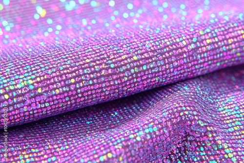 Close-up of shimmering purple holographic fabric with sparkling elements. photo