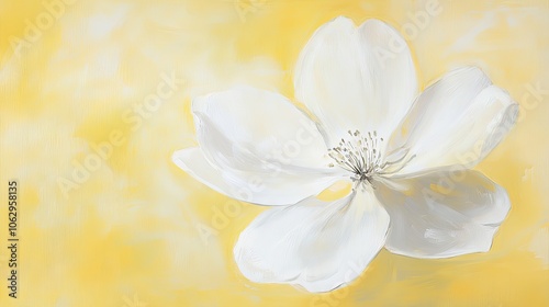 Delicate white pastel flower against a soft yellow background, creating a serene and tranquil composition. The white pastel flower stands out beautifully, ideal for creative projects.