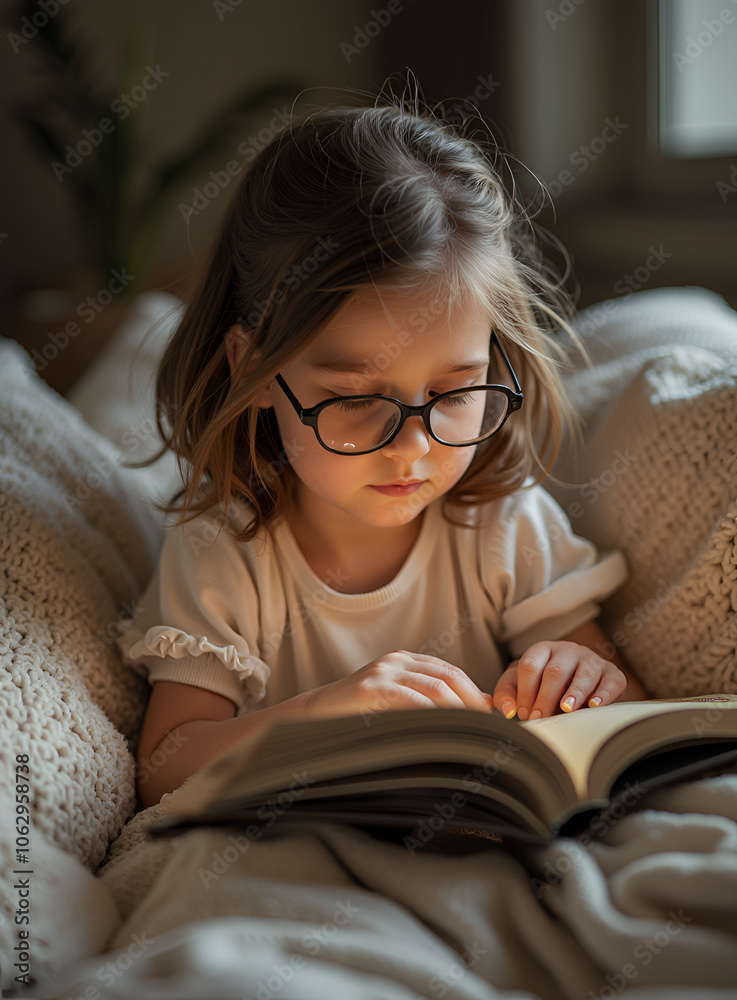 Studious young reader in glasses absorbed in book against warm evening light Studious young reader in glasses absorbed in book against warm evening light