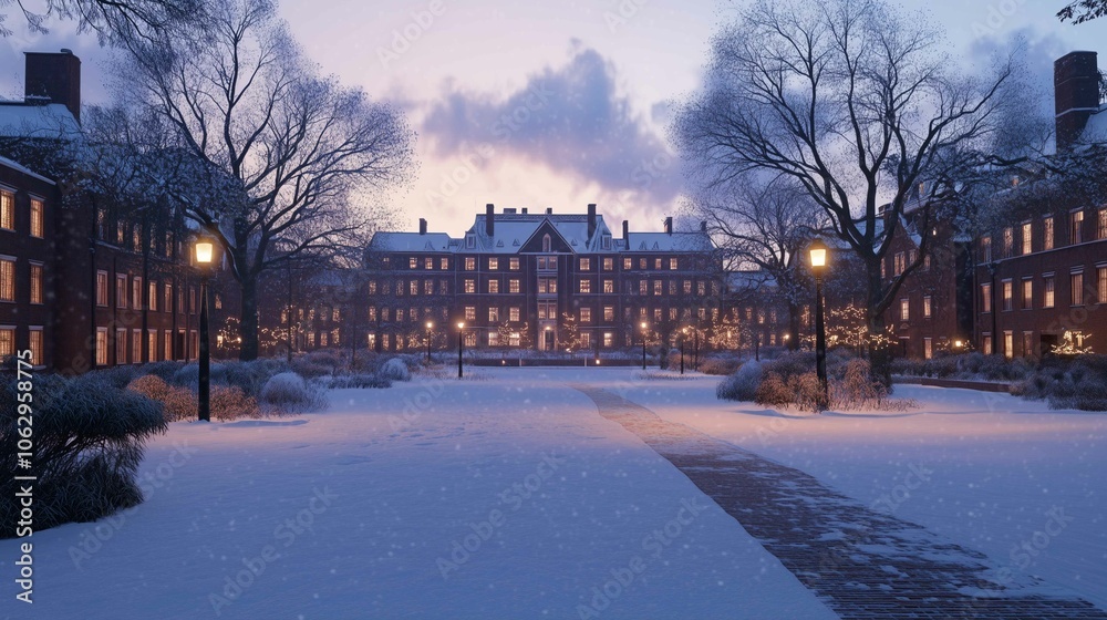 Naklejka premium Ivy League university in the winter, dusk time during Christmas, wide angle 