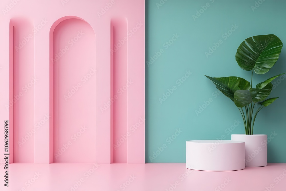 A modern interior design featuring pink and teal walls, geometric shapes, and a lush plant in a minimalist pot. A modern interior design featuring pink and teal walls, geometric shapes, and a lush plant in a minimalist pot.