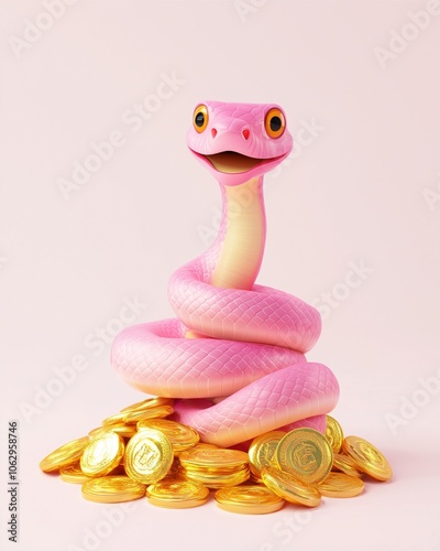 Cartoon Snake Character Piggy Bank with Coins, Funny Vector Illustration photo