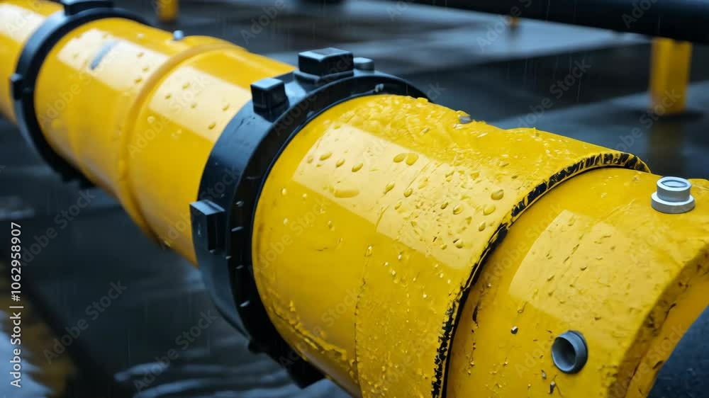 A yellow pipe with black bands is covered in raindrops A yellow pipe with black bands is covered in raindrops