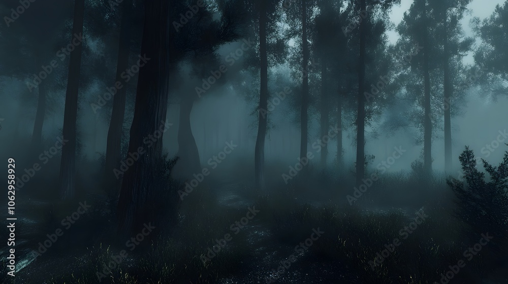 Fototapeta premium A dark and misty forest path shrouded in fog.