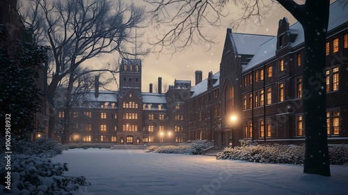 Ivy League university in the winter, dusk time during Christmas, wide angle 