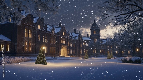 Ivy League university in the winter, dusk time during Christmas, wide angle
 photo