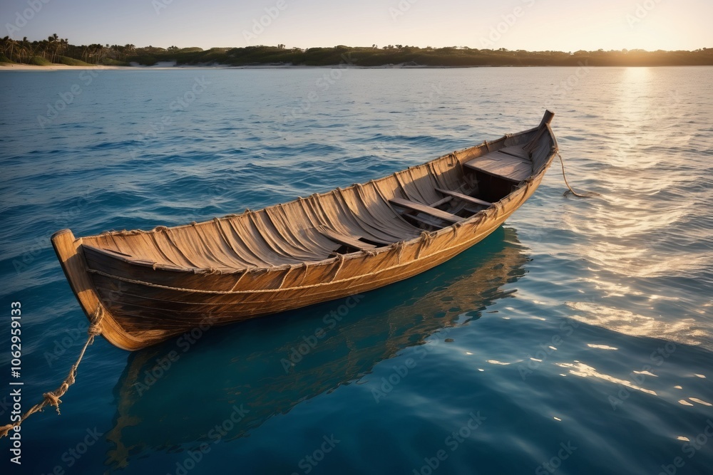 Small wooden boat on calm blue water near the coast with reflections in the sea during summer Small wooden boat on calm blue water near the coast with reflections in the sea during summer