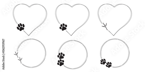 Set of cute hand drawn heart shape and round frames with cat, dog and bird paw print. Pet paw quote speech bubble.