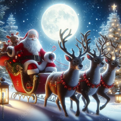 Santa Claus riding a sleigh pulled by reindeer on a snowy night photo