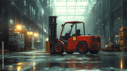 A red forklift sits in a large warehouse with stacks of pallets in the background.