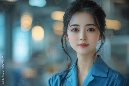 Elegant young woman in professional attire smiling in modern office setting