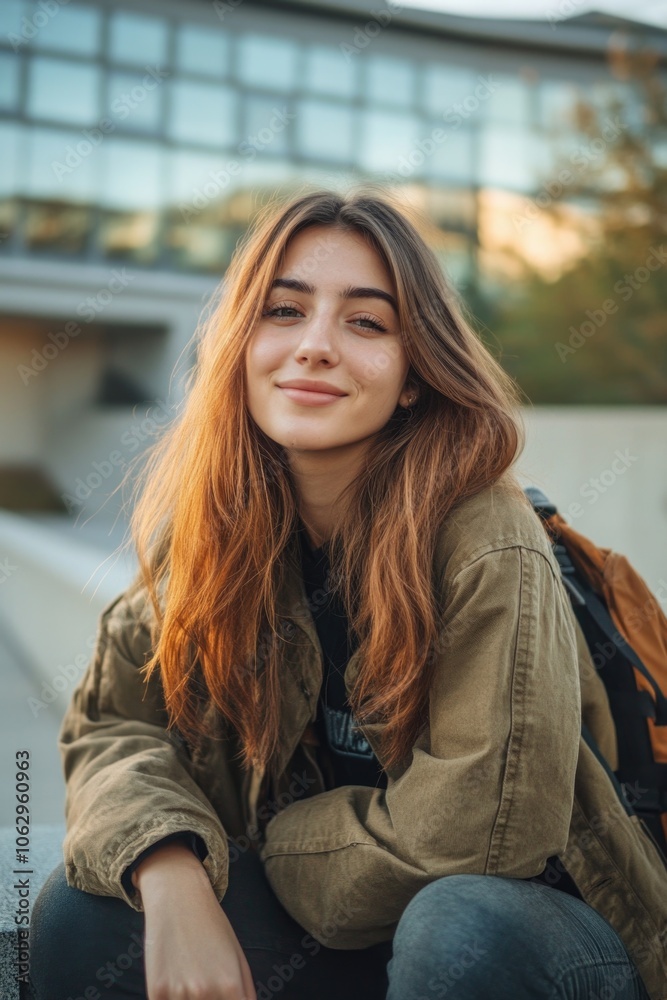 Young woman in jeans and jacket posing outdoors. Backpack suggests education or travel context.