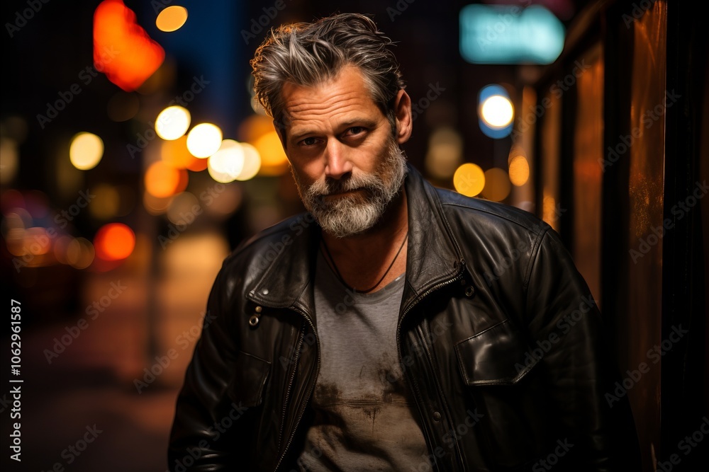 Handsome middle aged man with long gray hair and beard wearing a black leather jacket posing in a street at night in Bangkok, Thailand Handsome middle aged man with long gray hair and beard wearing a black leather jacket posing in a street at night in Bangkok, Thailand
