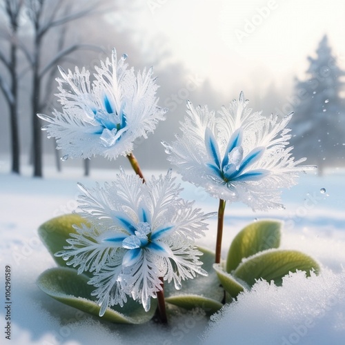 Delicate, crystalline ice flowers bloom vibrantly outside on a serene winter's day, their intricate, lace-like patterns and frosty petals glistening in the soft, pale light, surrounded by a serene bac photo