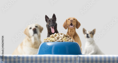Photography Delicious dog food in a bowl and hungry dogs