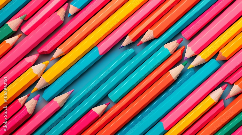 Colorful pencils arranged diagonally on a blue background. Colorful pencils arranged diagonally on a blue background.