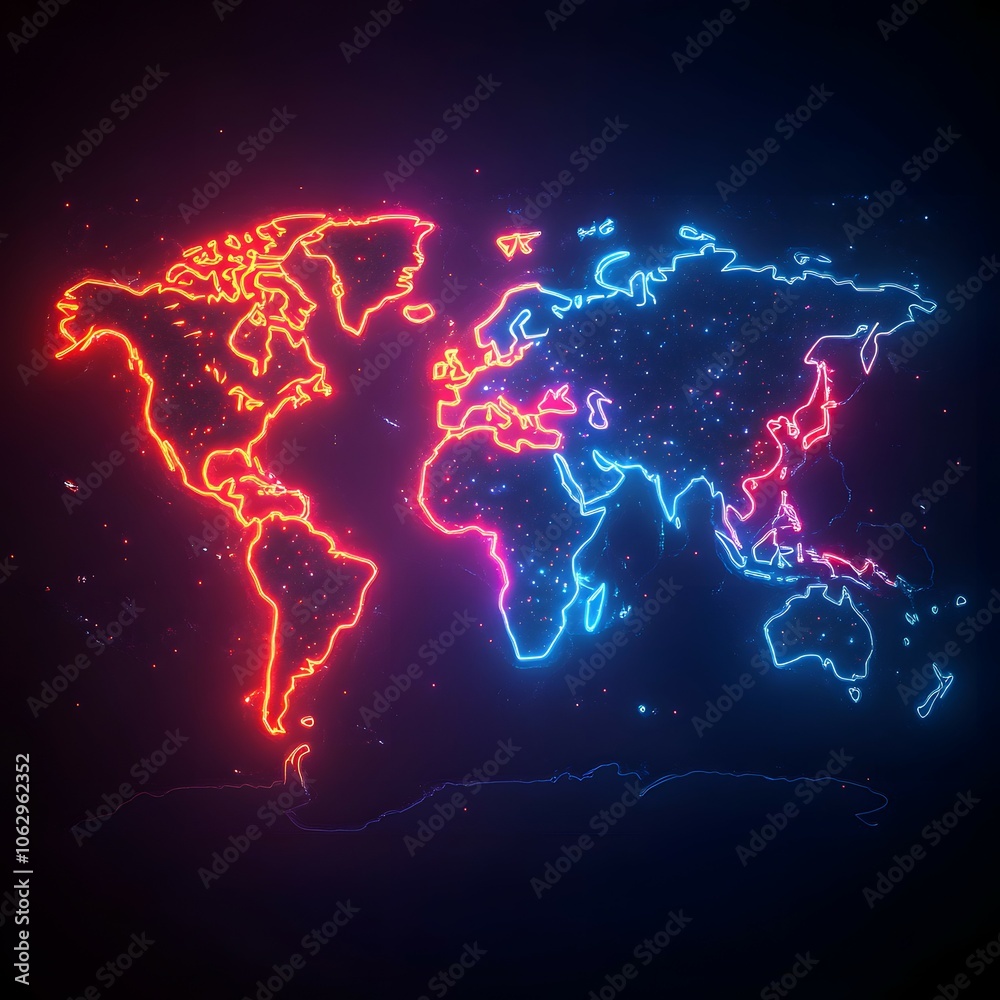 A neon world map with bright red and blue outlines against a dark background. A neon world map with bright red and blue outlines against a dark background.