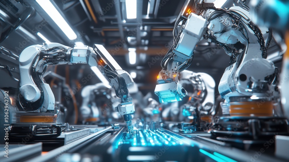 An advanced factory interior where robotic arms are seamlessly An advanced factory interior where robotic arms are seamlessly