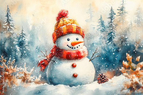 Festive winter wonderland with cheerful snowman illustration for holiday cards