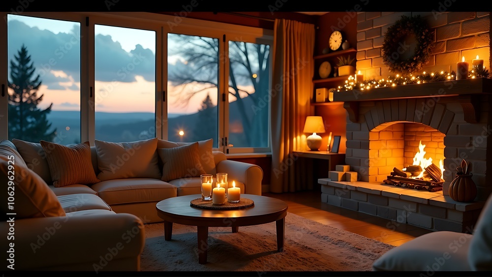 Cozy Living Room with Fireplace and Sunset View Cozy Living Room with Fireplace and Sunset View