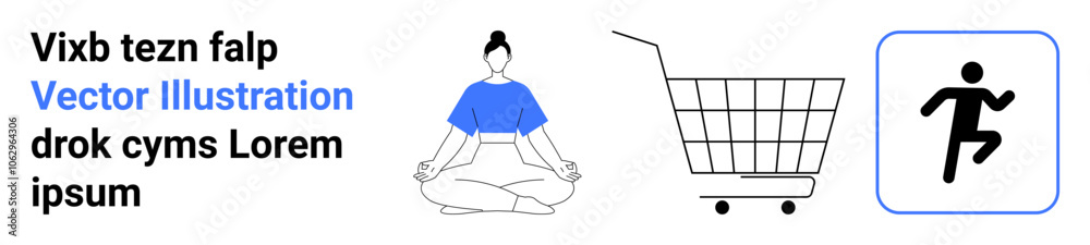 Meditation figure, shopping cart icon, and running symbol capturing wellness, e-commerce, fitness, mindfulness, digital shopping, active lifestyle, and balance. Ideal for wellness blogs, e-commerce Meditation figure, shopping cart icon, and running symbol capturing wellness, e-commerce, fitness, mindfulness, digital shopping, active lifestyle, and balance. Ideal for wellness blogs, e-commerce