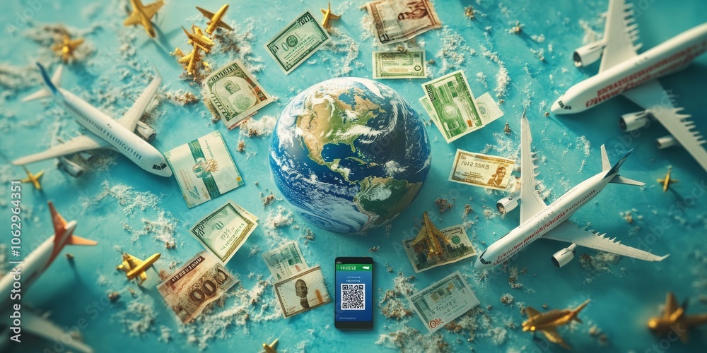 A 3D image shows Earth surrounded by airplanes, a smartphone with a beach photo and flight tickets, and a QR code. European banknotes are nearby. A 3D image shows Earth surrounded by airplanes, a smartphone with a beach photo and flight tickets, and a QR code. European banknotes are nearby.