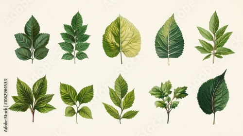 A collection of twelve botanical illustrations of various green leaves, each with a unique shape and texture, perfect for nature, botanical, and design projects.