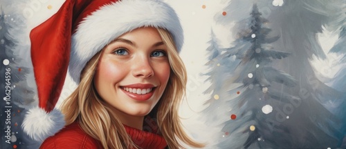 A beautiful blonde woman wearing a Santa hat and posing cheerfully for a holiday portrait