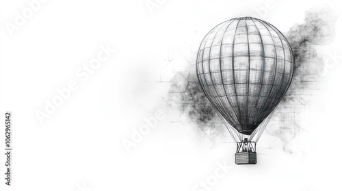 A hand-drawn pencil sketch of a hot air balloon with smoke trails, on a white background.