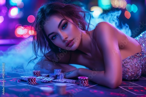 Beautiful woman in casino with roulette table and poker chips photo