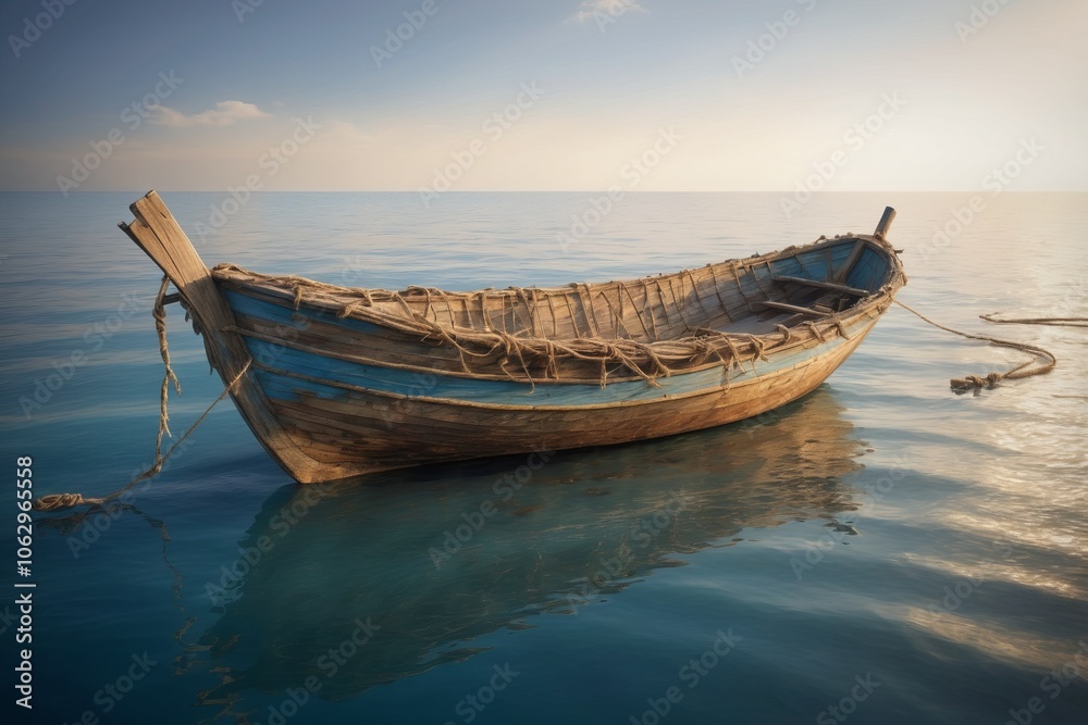 Old wooden fishing boat resting on a sandy beach by the ocean with a clear sky and tropical coastal scenery Old wooden fishing boat resting on a sandy beach by the ocean with a clear sky and tropical coastal scenery