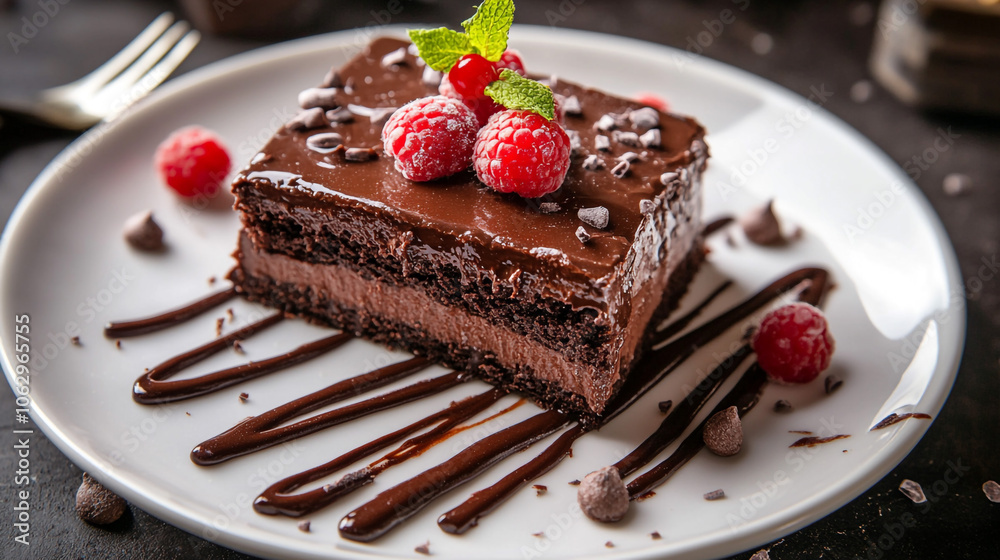 Decadent Chocolate Cake with Fresh Berries and Chocolate Drizzle. Indulge in this rich chocolate cake, adorned with fresh raspberries and a luscious chocolate drizzle for delightful dessert experience