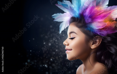 Portrait of a woman with feathers, makeup, and a stylish hairstyle in a glamorous studio setting