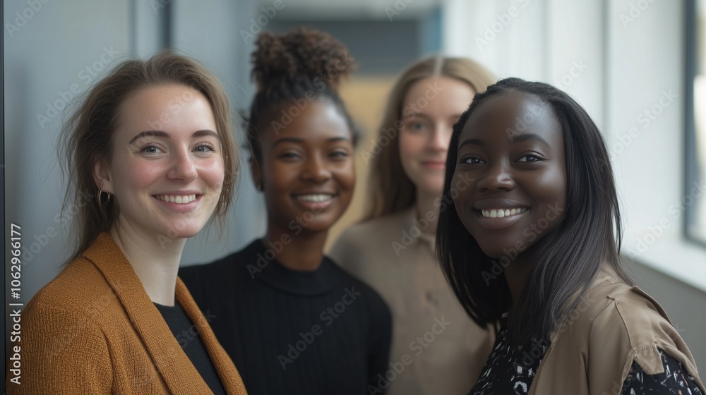 Fototapeta premium Diverse happy, confident employee women standing in the office hallway together.