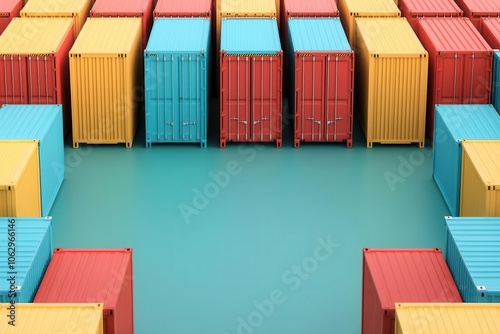 Colorful shipping containers arranged in rows, creating a striking geometric pattern against a turquoise background. photo