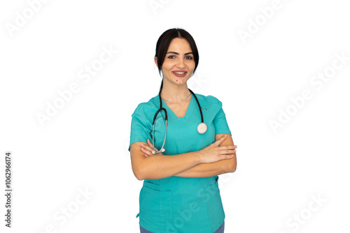 Smiling young nurse in scrubs