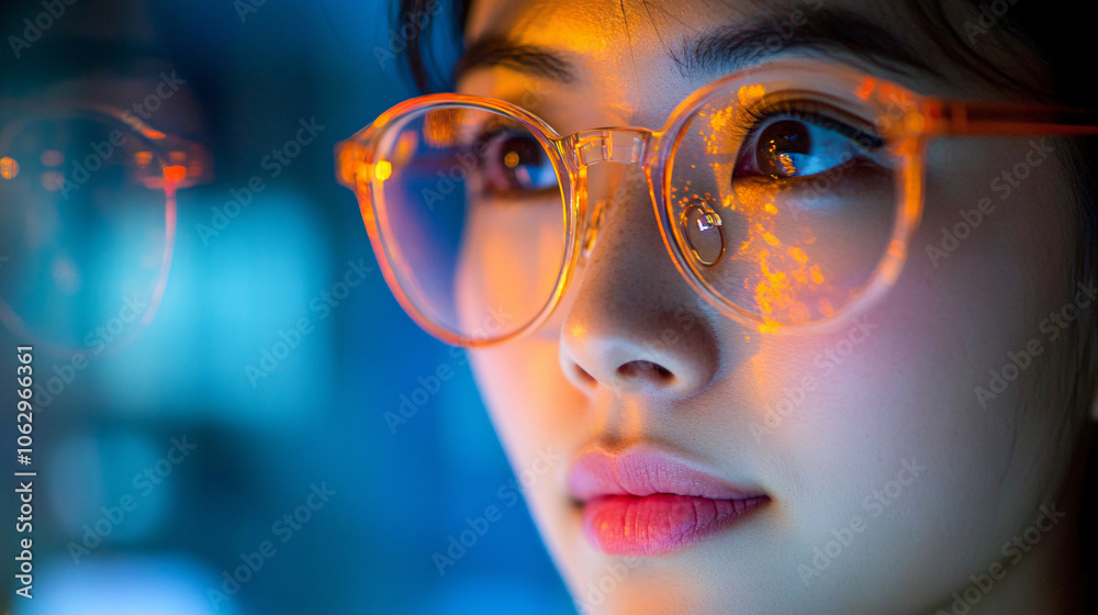 Close up of anAsian woman in glasses reflect with orangelight and cool blue background with copy space Close up of anAsian woman in glasses reflect with orangelight and cool blue background with copy space