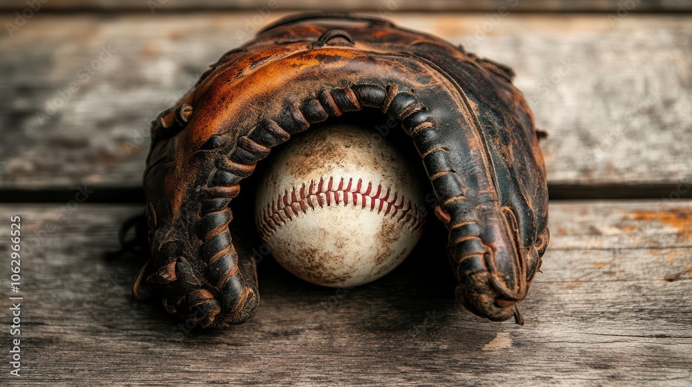 A close-up of a worn baseball glove resting on a wooden surface, with a baseball nestled inside, highlighting the essence of baseball. A close-up of a worn baseball glove resting on a wooden surface, with a baseball nestled inside, highlighting the essence of baseball.