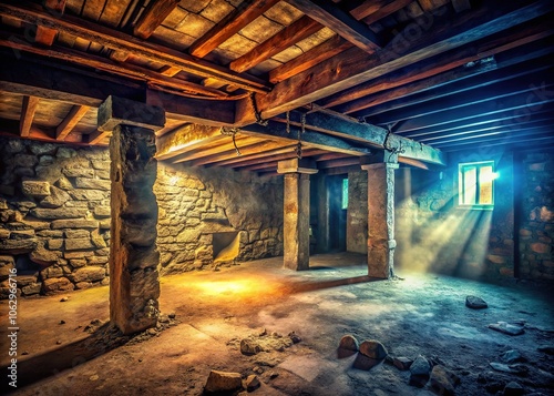 Crumbling stone walls and a cold concrete floor mark an abandoned basement, a forgotten space captured in urban exploration.