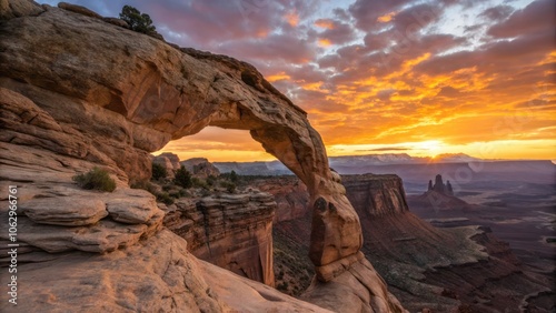 Golden Sunrise Illuminates Textured Sandstone Mesa Arch Against Rugged Cliffs in Stunning Landscape