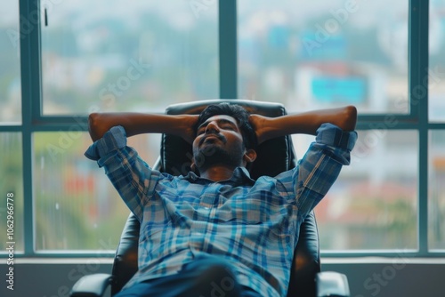 Man is laying in a chair with his head on his hand. He is wearing a blue shirt and blue jeans. The room has a window with a view of the city. The man is relaxed and at ease