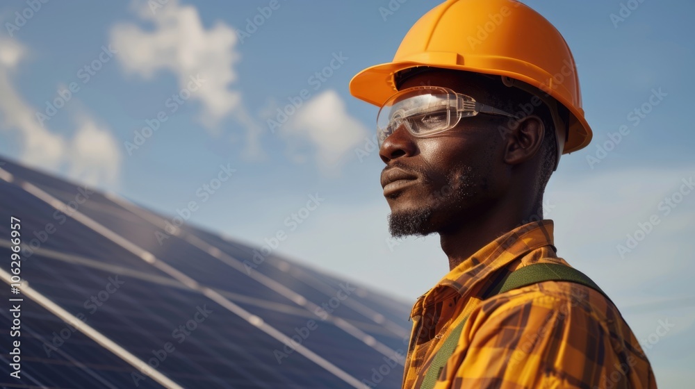 Man in an orange hat and safety glasses is standing on a solar panel. He is wearing a yellow shirt and a plaid shirt Man in an orange hat and safety glasses is standing on a solar panel. He is wearing a yellow shirt and a plaid shirt