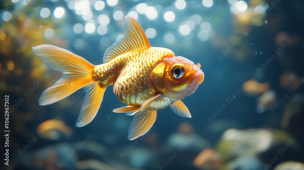 A single goldfish with a bright orange body swims with its fins spread out in front of a blurry background of other fish. A single goldfish with a bright orange body swims with its fins spread out in front of a blurry background of other fish.
