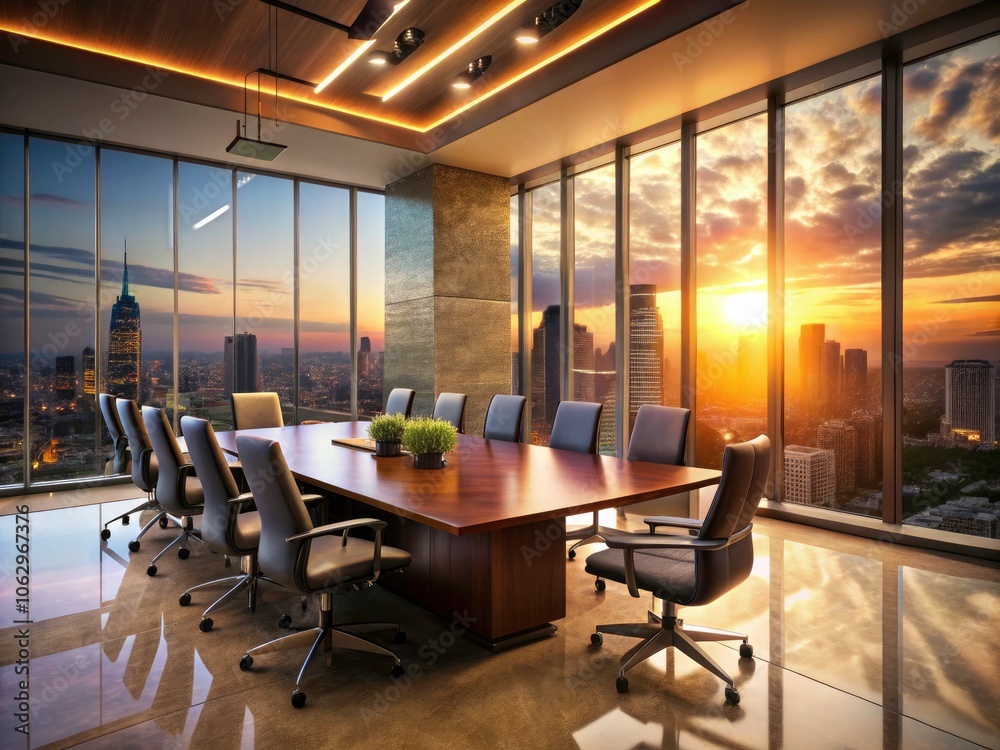 Modern Conference Room with City View at Dusk, Bright Interior, Urban Landscape, Professional Atmosphere, Corporate Design, Innovative Modern Conference Room with City View at Dusk, Bright Interior, Urban Landscape, Professional Atmosphere, Corporate Design, Innovative
