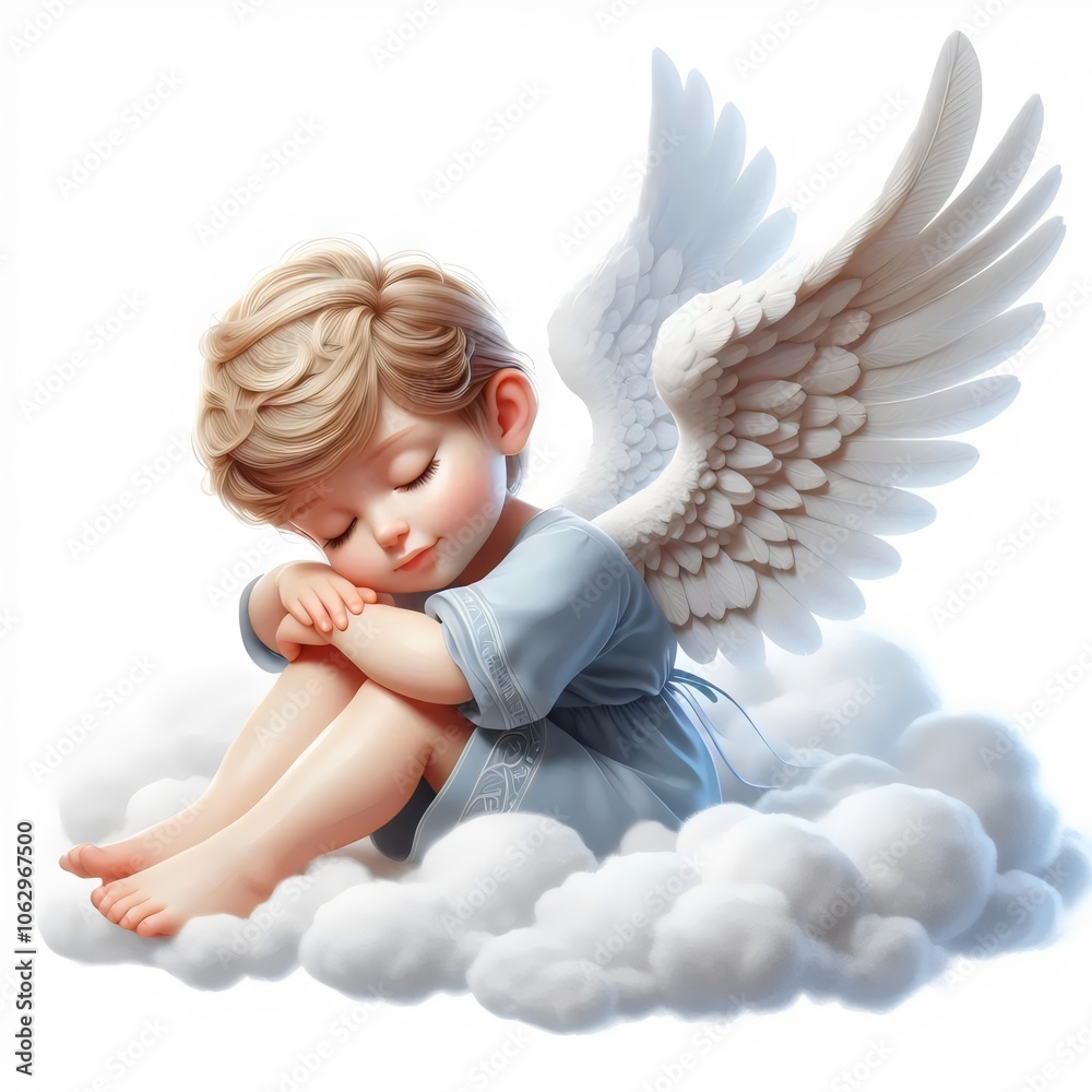 3D cartoon angel boy with closed eyes sitting on a cloud. Isolated on a white background. 