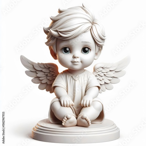 Figurine of a sitting angel boy,  isolated on white.