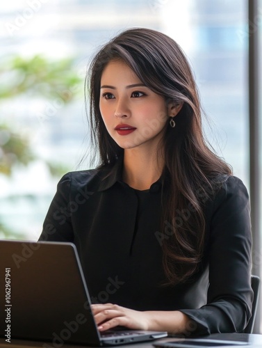 Woman is sitting at a desk with a laptop in front of her. She is wearing a black shirt and has long hair