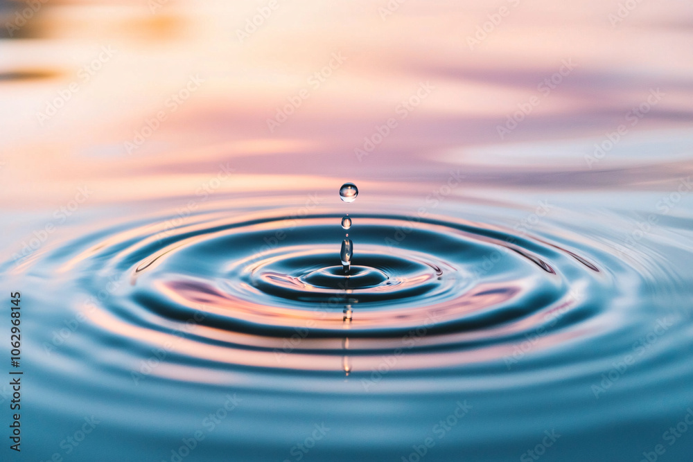 Water ripple with drop creating concentric circles at sunset Water ripple with drop creating concentric circles at sunset