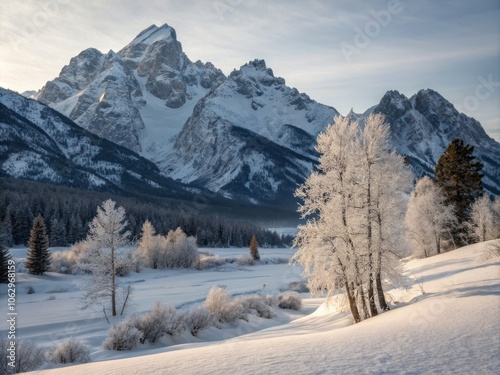 Majestic Snow-Covered Mountains Tower Against a Pale Blue Sky in a Serene Winter Landscape Scene